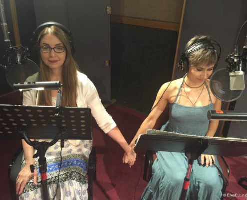 Ellen and Cristina Vee recording a radio drama about the holocaust